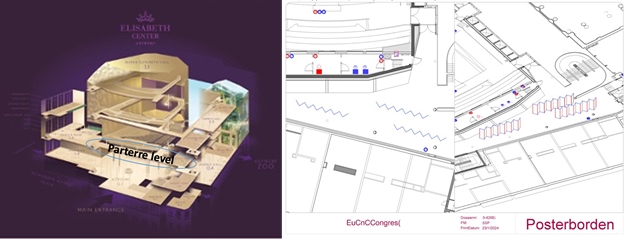 The Parterre level where the poster sessions will be hosted, shown in a) as part of the overview of the Elizabeth centre (left) and b) in a detailed planning view (right)
